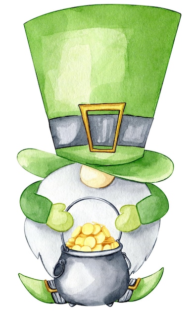 St. Patrick's Day-Gnome mit einem Topf aus Gold Aquarell handgezeichneter Urlaubsillustration irischer Clip Art