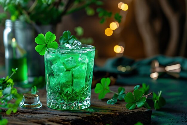 St. Patrick's Day grünes Getränk mit Kleeblatt für die St. Patricks Day Party