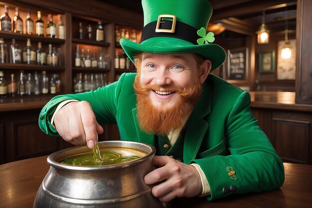 Foto st. patrick's day grünes kleeblatt leprechaun trinkt in einem pub topf von gold