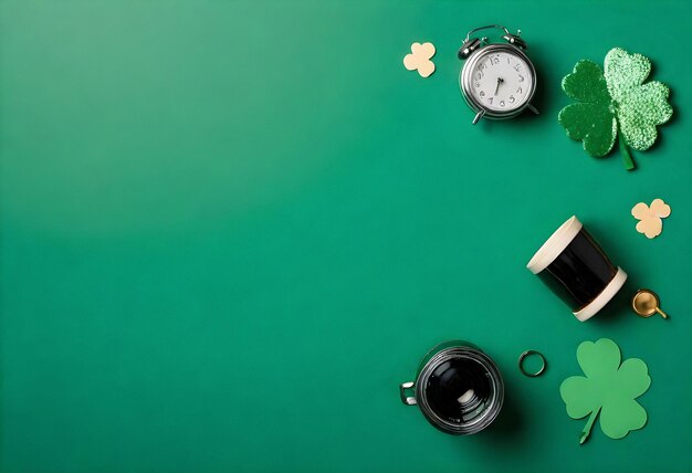 St. Patrick's Day-Hintergrund mit Knoblauch und Uhr