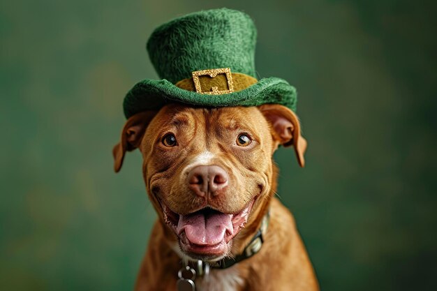 Foto st. patrick's day hund in einem zwerghut auf einem grünen hintergrund