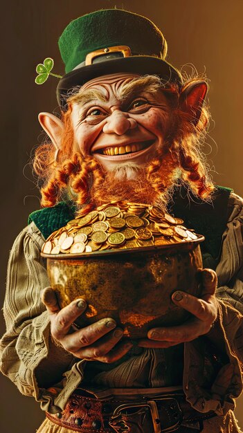 St. Patrick's Day Leprechaun hält einen Topf mit Goldmünzen