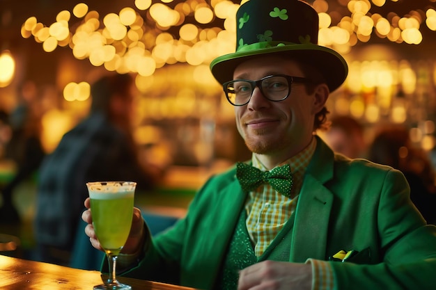 Foto st. patrick's day party spaß tragen mann in einem grünen anzug und hut in der bar innenraum
