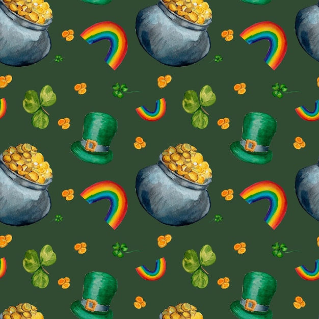 Foto st patrick s day patrón acuarela sombrero arco iris trébol olla de monedas para diseños que envuelven textiles