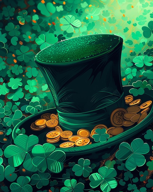 St. Patrick's Day Shamrock Hut und Bier mit grünen Hintergrundillustrationen