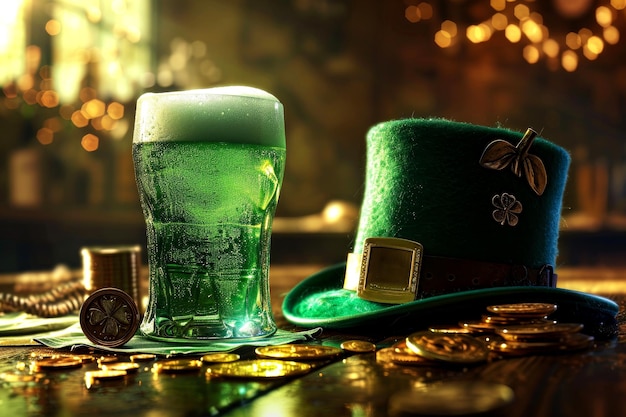 Foto st. patrick's dayglass de cerveza verde sombrero de duende de oro y trébol en una mesa de madera en un bar