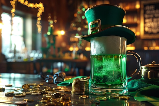 Foto st. patrick's dayglass de cerveza verde sombrero de duende de oro y trébol en una mesa de madera en un bar