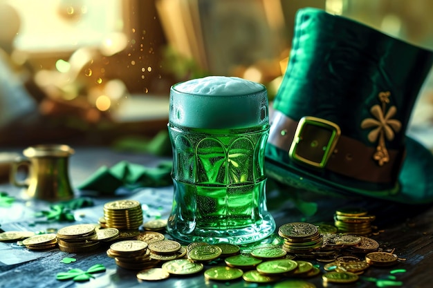 Foto st. patrick's dayglass de cerveza verde sombrero de duende de oro y trébol en una mesa de madera en un bar