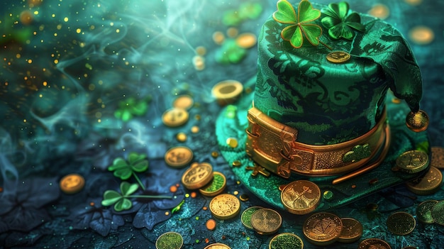 St. Patrick's-Tag-Hintergrund mit grünem irischen Zwergmütze-Hut, goldenen Münzen und Knoblauchblättern