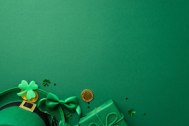 St. Patrick's-Tag-Konzept Top-View-Foto von Leprechaun-Hut-Geschenkkiste mit Bogen-Goldmünzen, Schnabelband, Kleeblatt und dreilöffelförmigem Konfetti auf isoliertem grünem Hintergrund mit leerem Raum