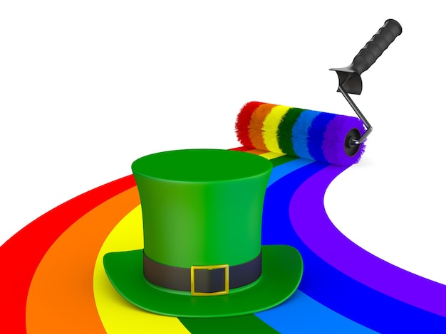 St. Patrick Tag. Grüner Hut und Regenbogen auf weißem Hintergrund. Isolierte 3D-Darstellung