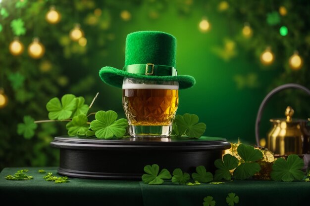 St. Patricks Day Feier 3D-Render mit Podium Bier Glas und grünen Hut auf grünem Hintergrund