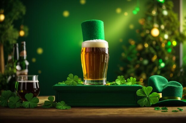 St. Patricks Day Feier 3D-Render mit Podium Bier Glas und grünen Hut auf grünem Hintergrund