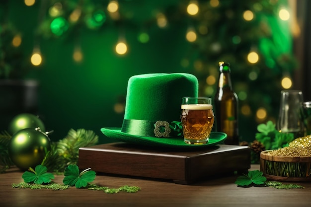 St. Patricks Day Feier 3D-Render mit Podium Bier Glas und grünen Hut auf grünem Hintergrund