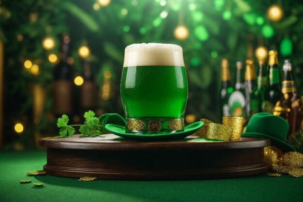 St. Patricks Day Feier 3D-Render mit Podium Bier Glas und grünen Hut auf grünem Hintergrund