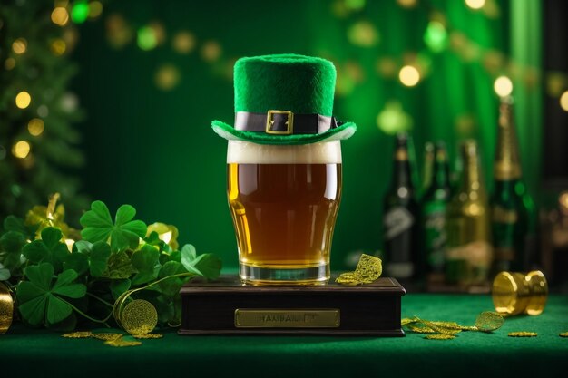 St. Patricks Day Feier 3D-Render mit Podium Bier Glas und grünen Hut auf grünem Hintergrund