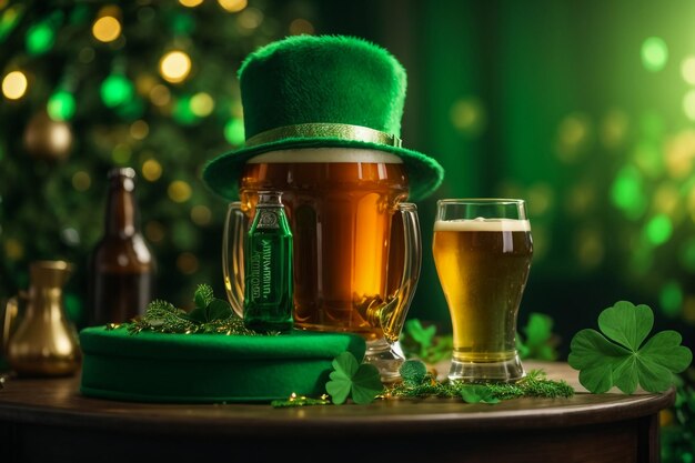 St. Patricks Day Feier 3D-Render mit Podium Bier Glas und grünen Hut auf grünem Hintergrund