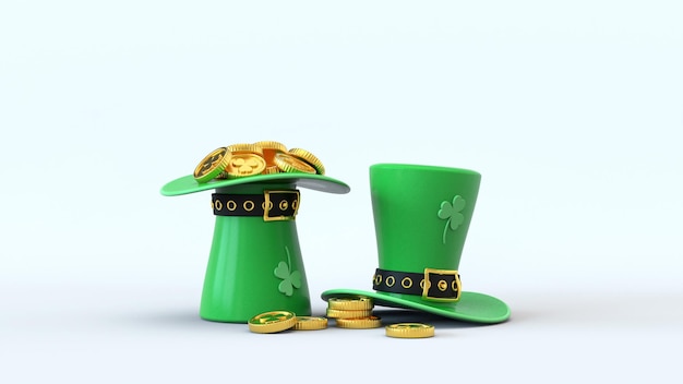 St. Patricks Day. Grüner Koboldhut mit Kleeblatt und vielen Goldmünzen. isoliert auf weißem Hintergrund