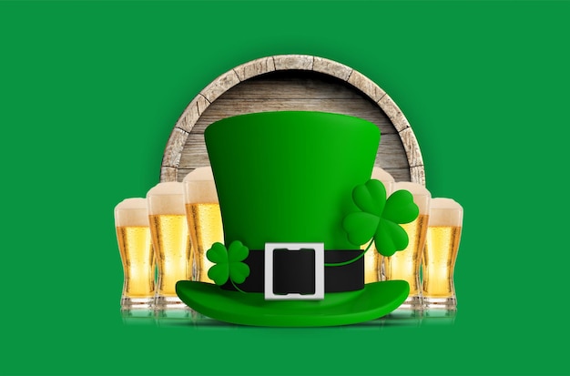 St. Patricks Day Koboldhut und Bierglas isoliert auf grünem Hintergrund 3D-Darstellung