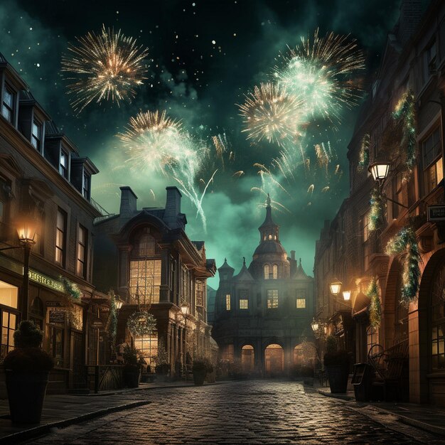 St. Patricks-Feier mit Feuerwerk einer Kopfsteinpflasterstraße in der Altstadt bei Nacht, KI generiert