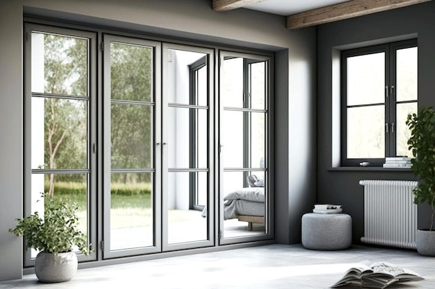 Stabile graue Aluminiumfenster mit Isolierverglasung im Raum generative ai