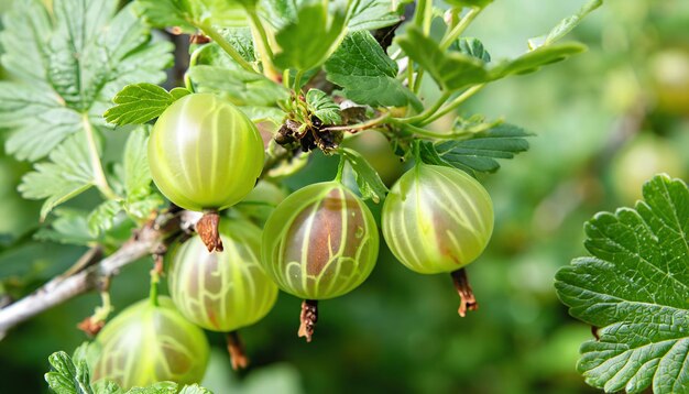 Stachelbeeren am Strauch, Detailansicht, grüne Früchte