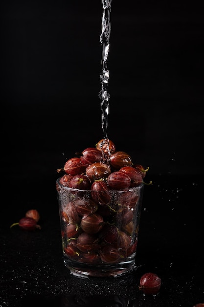 Stachelbeeren in einem Glas mit Wassertropfen, dunkler Hintergrund, Spritzer,