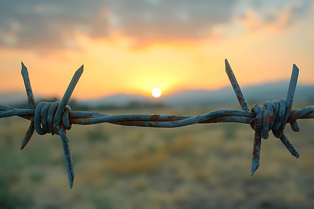 Foto stacheldrahtzaun mit sonnenuntergang als hintergrund