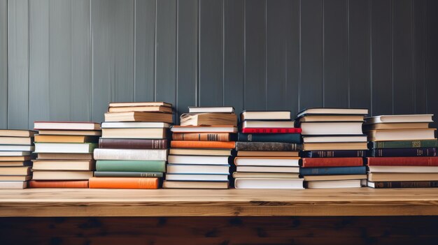 Stack de livros em mesa de madeira contra um fundo de madeira Criado com tecnologia de IA generativa