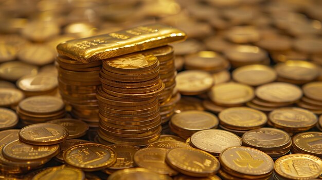 Stack de Moedas de Ouro com Barra de Ouro Gerativa AI