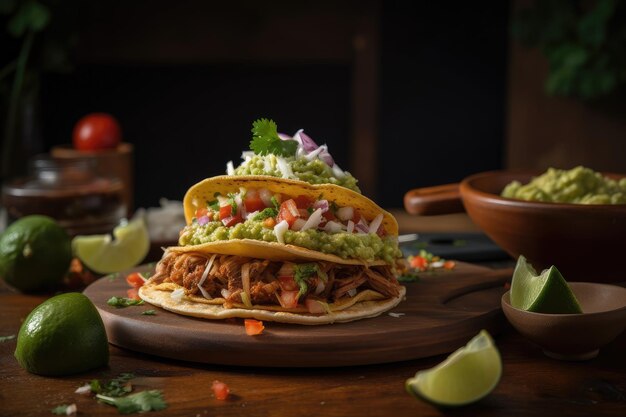 Stack de tacos com guacamole e salsa fresca criada com ai generativa