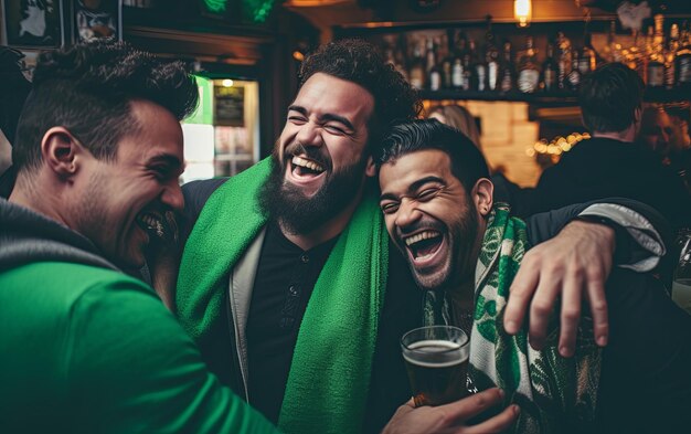 Foto staddys celebração amigos abraçar e rir em um bar candid momento lente padrão atmosfera cheia de diversão ar 1610 job id 385822abd08c492c87794e32b6f2d2bd