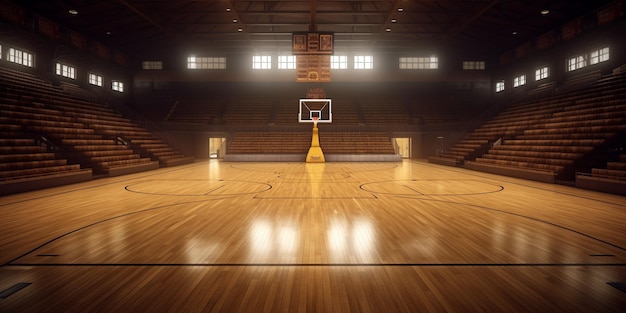 Stadion-Basketballplatz mit Holzboden und Tribünen mit KI-Generierung