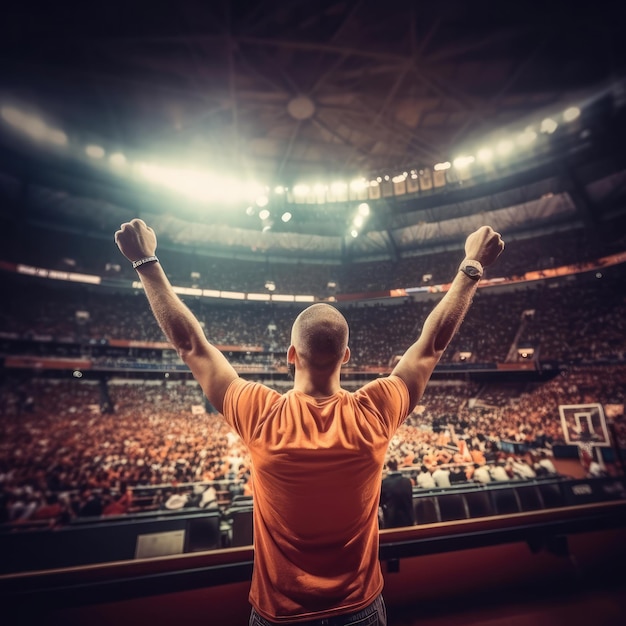 Stadionbasketballfan auf der Tribüne hebt seine Hände