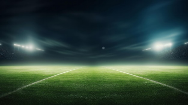 Stadionlichter auf leerem grünem Grasfeld-Fußball-Fußball-Sportspiel-Copyspace-Hintergrund