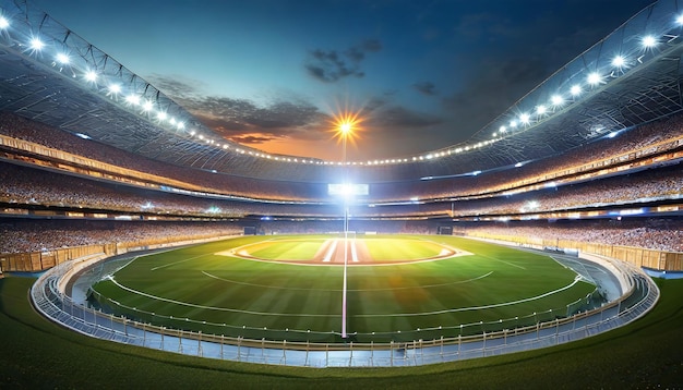 Stadionrunde der Cricket-Nacht mit am Abend angezündeten Lichtern