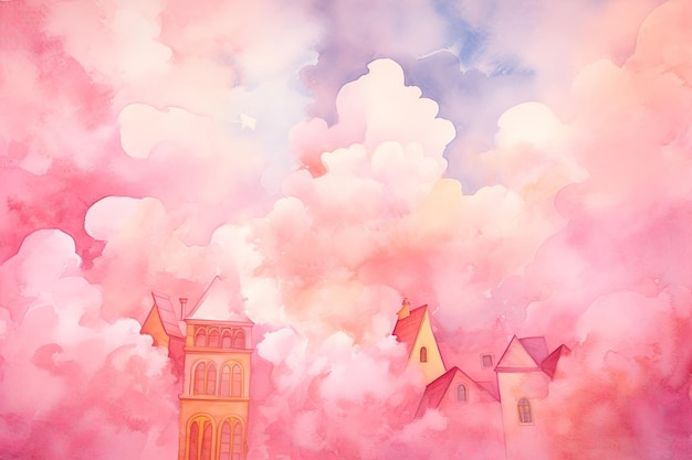 Stadt, die in rosa Nebel bedeckt ist, Traum-Schloss, Schloss in den rosa Wolken, Fantasie-Welt, rosa Wolken.