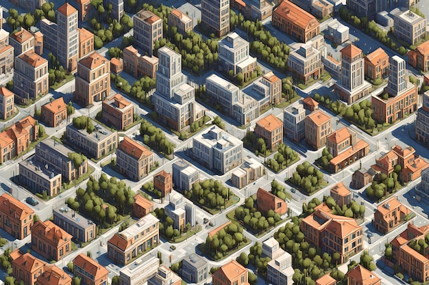 Stadt isometrisch mit Häusern, Büros und Autos