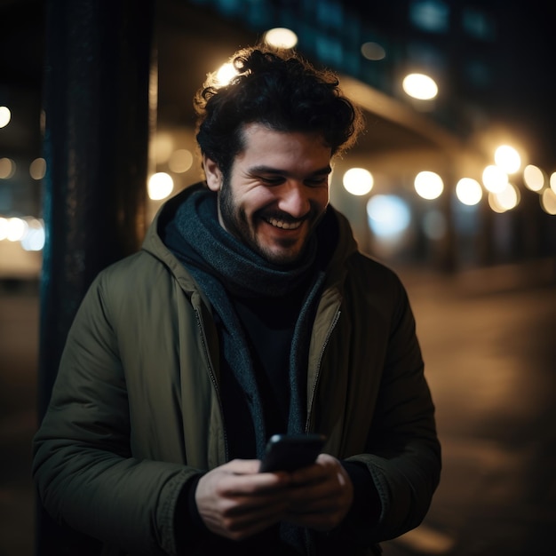 Stadt-Mann nachts, der am Telefon lächelt