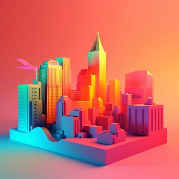 Stadt mit Sonnenuntergang in isometrischer Ansicht in trendiger Farbpalette für Werbung mit generativer KI
