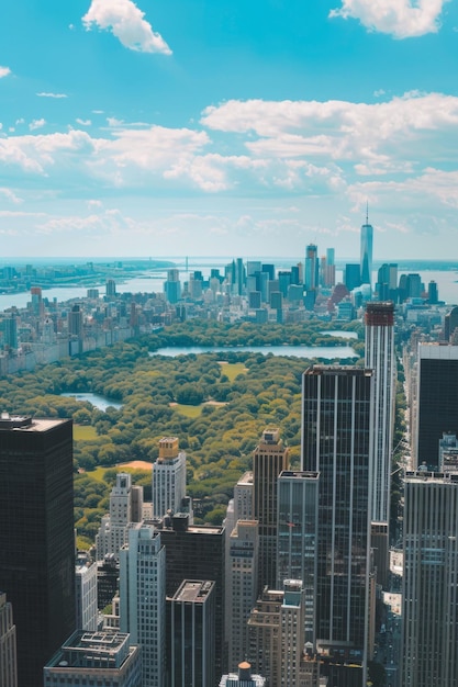 Stadt mit Wolkenkratzern und Parks Vogelblick Generative KI