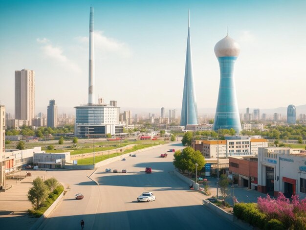 Stadt Tashkent mit modernen verschiedenen Gebäuden 2045