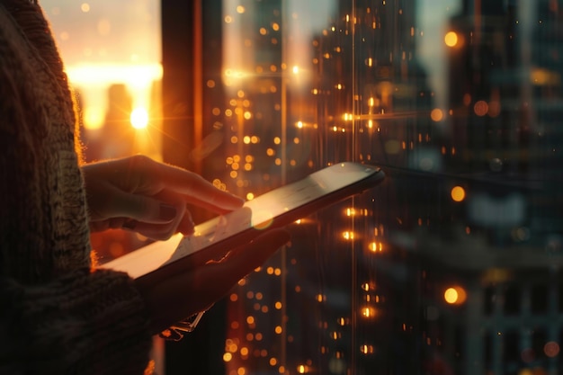 Stadt und Hände mit Tablet mit Sonnenlicht