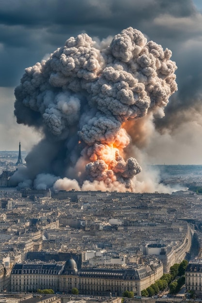 Stadt unter Angriff Explosion Feuer Menschen laufen im Verkehrsstau apokalyptische Illustration