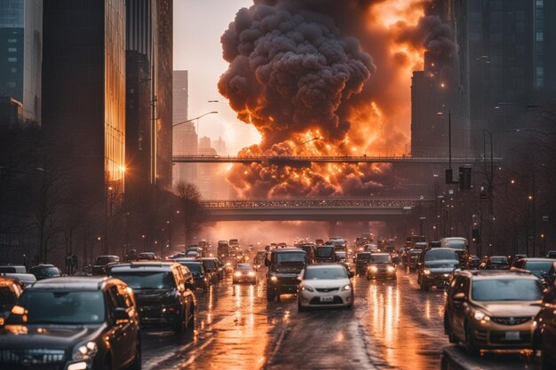 Stadt unter Angriff Explosion Feuer Menschen laufen im Verkehrsstau apokalyptische Illustration