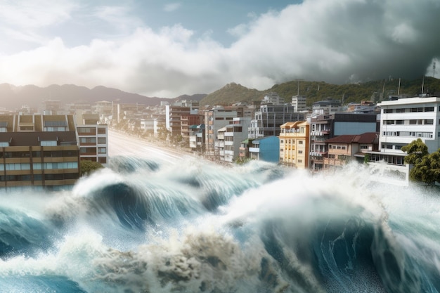 Stadt unter Tsunami-Wellenkatastrophe
