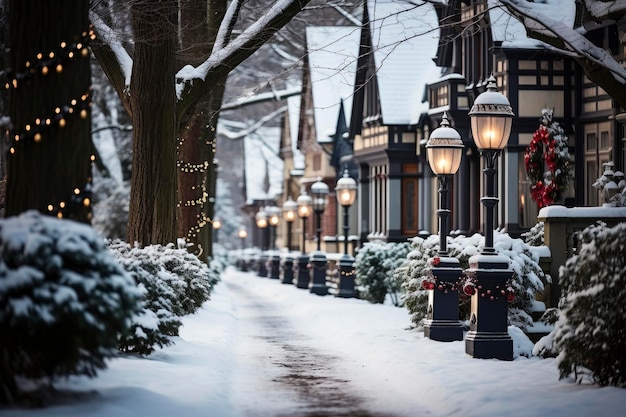 Stadt Winter schneebedeckte Straße mit leuchtenden Girlanden und Laternen für Weihnachten geschmückt