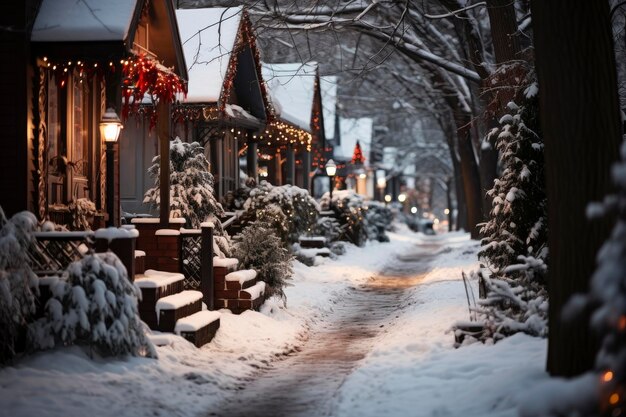 Stadt Winter schneebedeckte Straße mit leuchtenden Girlanden und Laternen für Weihnachten geschmückt