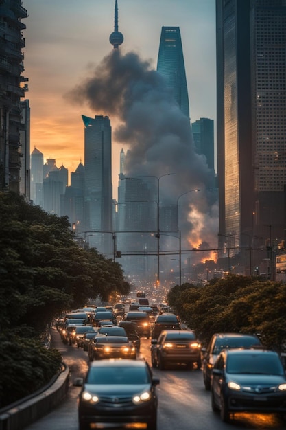 Stadt wird angegriffen, Explosion, Feuer, Menschen laufen, Stau, apokalyptische Illustration