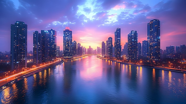 Stadt-Wolkenkratzer an einem Fluss unter einem lila Nachleuchtungshimmel